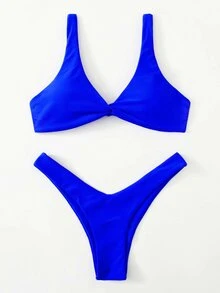 Swim Basics Women's Solid Color Casual Bikini And Triangle Panty Swimwear Set - Royal Blue - View 2