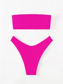 Swim Basics Summer Beach Solid Bikini Set Bandeau Bra & High-Leg Cut Bottom 2 Pieces Bikini - Hot Pink - View 4