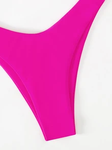 Swim Basics Summer Beach Solid Bikini Set Bandeau Bra & High-Leg Cut Bottom 2 Pieces Bikini - Hot Pink - View 8