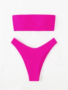 Swim Basics Summer Beach Solid Bikini Set Bandeau Bra & High-Leg Cut Bottom 2 Pieces Bikini - Hot Pink - View 7