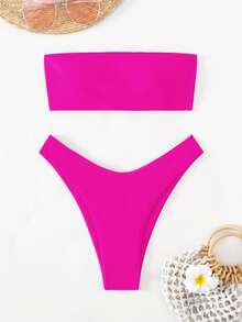 Swim Basics Summer Beach Solid Bikini Set Bandeau Bra & High-Leg Cut Bottom 2 Pieces Bikini - Hot Pink - View 5