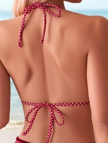 Swim Basics BACK TO SCHOOL Women's Triangle Bikini Tie-Up Swimwear Set Beach Party Red And White Striped Gingham Summer Tropical 70s Sexy - Black - View 5