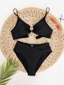 Swim Basics Summer Beach Round Ring Detail Spaghetti Straps Bikini Bathing Suit Set - Black - View 5