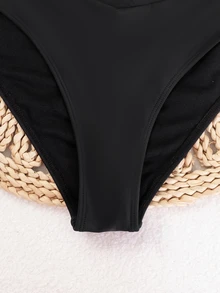 Swim Basics Summer Beach Round Ring Detail Spaghetti Straps Bikini Bathing Suit Set - Black - View 7