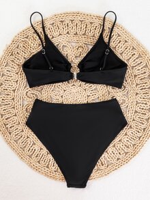 Swim Basics Summer Beach Round Ring Detail Spaghetti Straps Bikini Bathing Suit Set - Black - View 6
