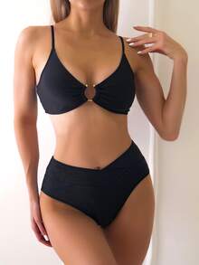 Swim Basics Summer Beach Round Ring Detail Spaghetti Straps Bikini Bathing Suit Set - Black - View 3