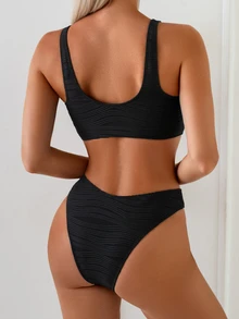 Oceva 2026 New Women Summer Beach Vacation Solid Color Metal Decor Backless High Waist Bikini Set 2pcs - Black - View 3
