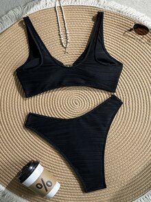 Oceva 2026 New Women Summer Beach Vacation Solid Color Metal Decor Backless High Waist Bikini Set 2pcs - Black - View 6