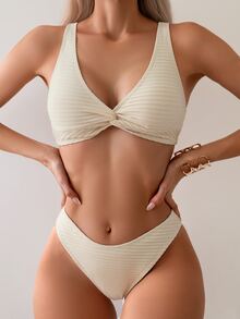 Swim Basics Summer Beach Ladies' Solid Color Twist Front Bikini Set - Beige - View 7