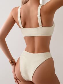 Swim Basics Summer Beach Ladies' Solid Color Twist Front Bikini Set - Beige - View 4