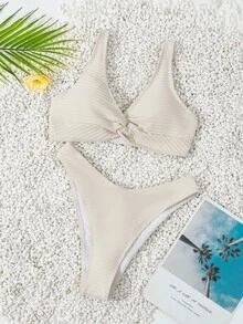Swim Basics Summer Beach Ladies' Solid Color Twist Front Bikini Set - Beige - View 6