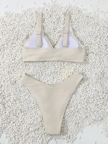 Swim Basics Summer Beach Ladies' Solid Color Twist Front Bikini Set - Beige - View 5