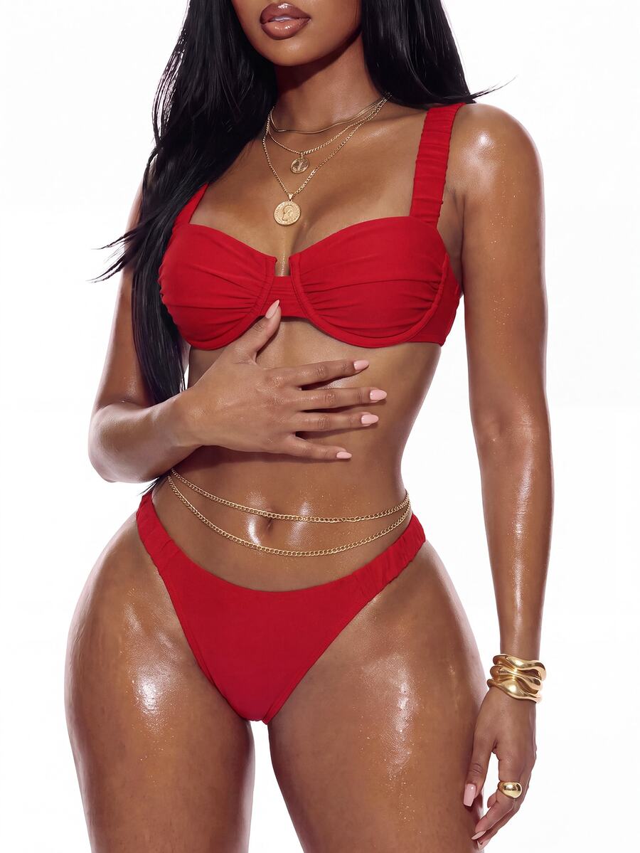 Swim Basics 2pcs/Set Simple Solid Color Bikini Swimwear, Vacation Beach Style Summer - Red - View 1