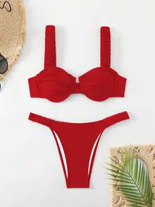 Swim Basics 2 件套简约纯色比基尼泳装，度假海滩风格夏季 - 紅色 - 查看 4