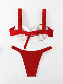 Swim Basics 2 件套简约纯色比基尼泳装，度假海滩风格夏季 - 紅色 - 查看 5