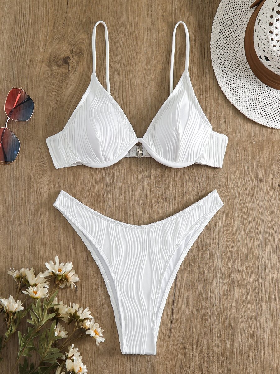 Swim Basics Conjunto de bikini con aros liso para la playa de verano - Blanco - Ver 1