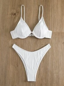 Swim Basics Conjunto de bikini con aros liso para la playa de verano - Blanco - Ver 6