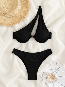 Swim Basics Summer Beach Ribbed Bikini Set One Shoulder Underwire Bra & Scrunch Butt Bikini Bottom 2 Piece Bathing Suit - Black - View 3