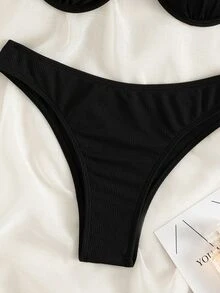 Swim Basics Summer Beach Ribbed Bikini Set One Shoulder Underwire Bra & Scrunch Butt Bikini Bottom 2 Piece Bathing Suit - Black - View 5