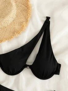 Swim Basics Summer Beach Ribbed Bikini Set One Shoulder Underwire Bra & Scrunch Butt Bikini Bottom 2 Piece Bathing Suit - Black - View 7