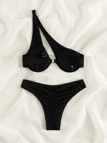 Swim Basics Summer Beach Ribbed Bikini Set One Shoulder Underwire Bra & Scrunch Butt Bikini Bottom 2 Piece Bathing Suit - Black - View 6