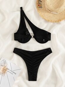 Swim Basics Summer Beach Ribbed Bikini Set One Shoulder Underwire Bra & Scrunch Butt Bikini Bottom 2 Piece Bathing Suit - Black - View 2