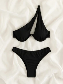 Swim Basics Summer Beach Ribbed Bikini Set One Shoulder Underwire Bra & Scrunch Butt Bikini Bottom 2 Piece Bathing Suit - Black - View 4