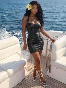 Slaydiva Women's Summer Fashion Sexy Backless Halter Mini Dress - Black - View 6