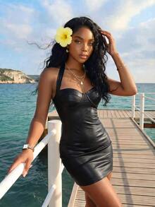 Slaydiva Women's Summer Fashion Sexy Backless Halter Mini Dress - Black - View 7