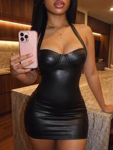 Slaydiva Women's Summer Fashion Sexy Backless Halter Mini Dress - Black - View 9
