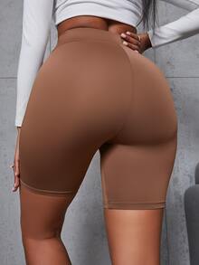 BamGleam Wideband High Waist PU Leather Biker Skinny Shorts - Brown - View 4