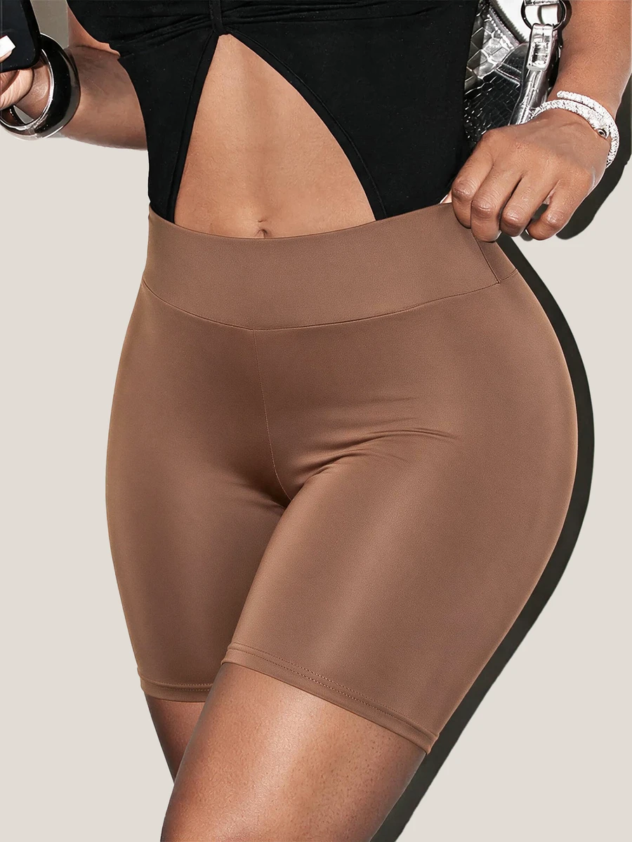 BamGleam Wideband High Waist PU Leather Biker Skinny Shorts - Brown - View 1
