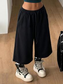 Coolane 女士春夏街头风复古水洗做旧舒适牛仔效果黑色短裤 - 黑色 - 查看 4