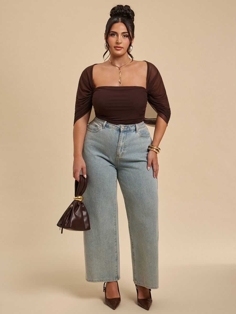 SHEIN BAE CURVE Bodysuit Jala Seksi Ukuran Plus dengan Detail Kerut untuk Kencan dan Liburan - Coffee Brown - View 1