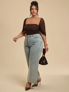 SHEIN BAE CURVE Bodysuit Jala Seksi Ukuran Plus dengan Detail Kerut untuk Kencan dan Liburan - Coffee Brown - View 4