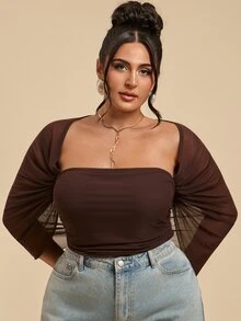 SHEIN BAE CURVE Bodysuit Jala Seksi Ukuran Plus dengan Detail Kerut untuk Kencan dan Liburan - Coffee Brown - View 7
