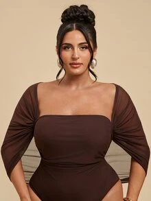 SHEIN BAE CURVE Bodysuit Jala Seksi Ukuran Plus dengan Detail Kerut untuk Kencan dan Liburan - Coffee Brown - View 6