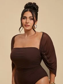 SHEIN BAE CURVE Bodysuit Jala Seksi Ukuran Plus dengan Detail Kerut untuk Kencan dan Liburan - Coffee Brown - View 5