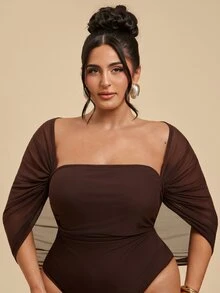 SHEIN BAE CURVE Bodysuit Jala Seksi Ukuran Plus dengan Detail Kerut untuk Kencan dan Liburan - Coffee Brown - View 3