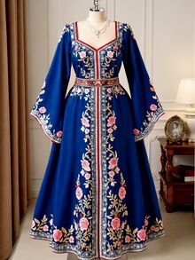 Rometta Plus Size Women's Autumn New Vintage Print Off-Shoulder Waist-Cinched Flare Long Sleeve Maxi Dress Fall - Multicolor - View 7