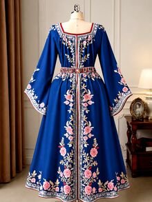 Rometta Plus Size Women's Autumn New Vintage Print Off-Shoulder Waist-Cinched Flare Long Sleeve Maxi Dress Fall - Multicolor - View 2