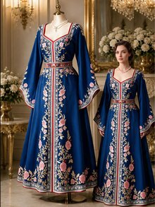 Rometta Plus Size Women's Autumn New Vintage Print Off-Shoulder Waist-Cinched Flare Long Sleeve Maxi Dress Fall - Multicolor - View 1