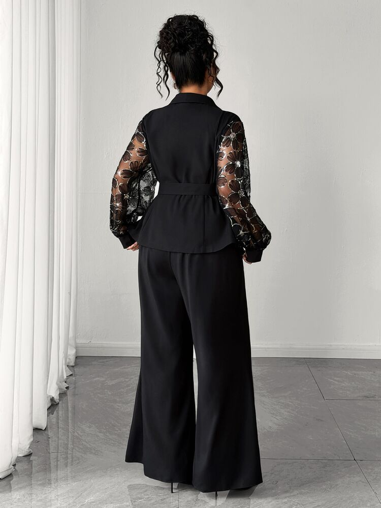 Elenzga Plus Size Halloween Black Sequin Embroidered Mesh Sleeve Blazer Suit Set, Autumn Elegant Waist-Cinching Wide Leg Pants Party Gathering Commute Date 2 Pieces Set - Black - View 7