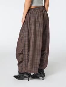 COUREZ 格紋短版氣球褲 側褶設計 / Y2K 女款長褲 秋季女裝 秋冬女裝 街頭風 返校穿搭 - 酒紅色 - 查看 3