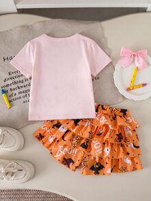 SHEIN 少女款針織純色圖案圓領休閒T恤與荷葉邊下擺短褲2件套 開學季 - 粉色 - 查看 3