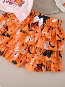 SHEIN 少女款針織純色圖案圓領休閒T恤與荷葉邊下擺短褲2件套 開學季 - 粉色 - 查看 4