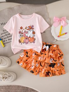 SHEIN 少女款針織純色圖案圓領休閒T恤與荷葉邊下擺短褲2件套 開學季 - 粉色 - 查看 6