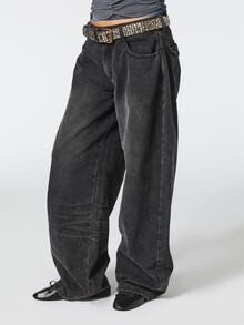 COUREZ Mid Balloon Jeans With Adjustable Back Strap In Charcoal Wash /Y2K Fall Clothes For Women Women Fall/Winter Pants Autumn Clothes Going Out Outfits  - Black - View 4