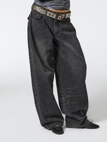 COUREZ Mid Balloon Jeans With Adjustable Back Strap In Charcoal Wash /Y2K Fall Clothes For Women Women Fall/Winter Pants Autumn Clothes Going Out Outfits  - Black - View 5