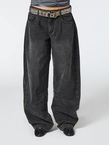 COUREZ Mid Balloon Jeans With Adjustable Back Strap In Charcoal Wash /Y2K Fall Clothes For Women Women Fall/Winter Pants Autumn Clothes Going Out Outfits  - Black - View 3